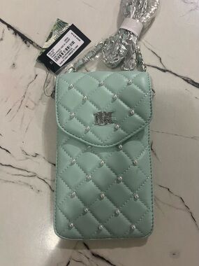 Badgley Mischka Quilted Mint Green Crossbody Phone Bag with Chain Strap